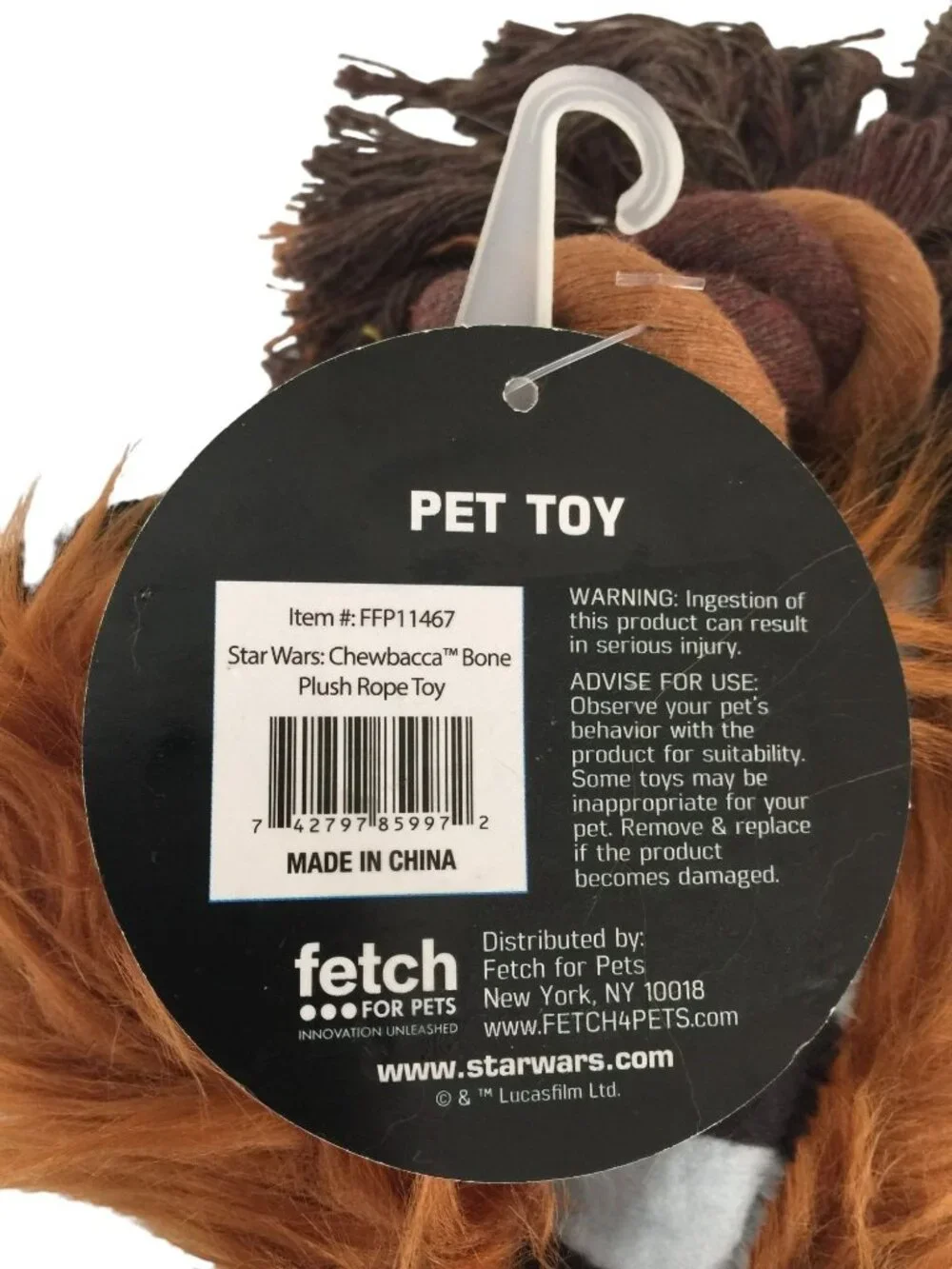 Star Wars Chewbacca Bone Plush Furry Rope Squeaker Dog Toy